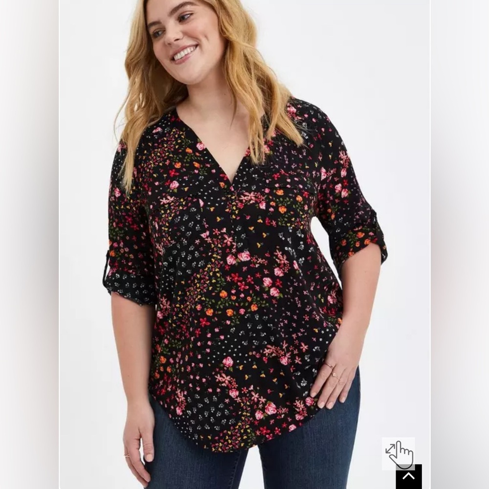 *Torrid Harper Black Floral 3/4 Sleeve Tunic Blouse Top Size 2 2XL